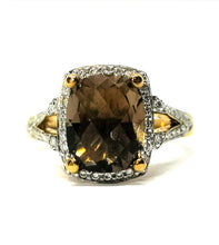 Load image into Gallery viewer, 9ct Yellow Gold Rhodium Plated Ring with Diamonds and Smoky Quartz.
