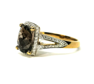 9ct Yellow Gold Rhodium Plated Ring with Diamonds and Smoky Quartz.