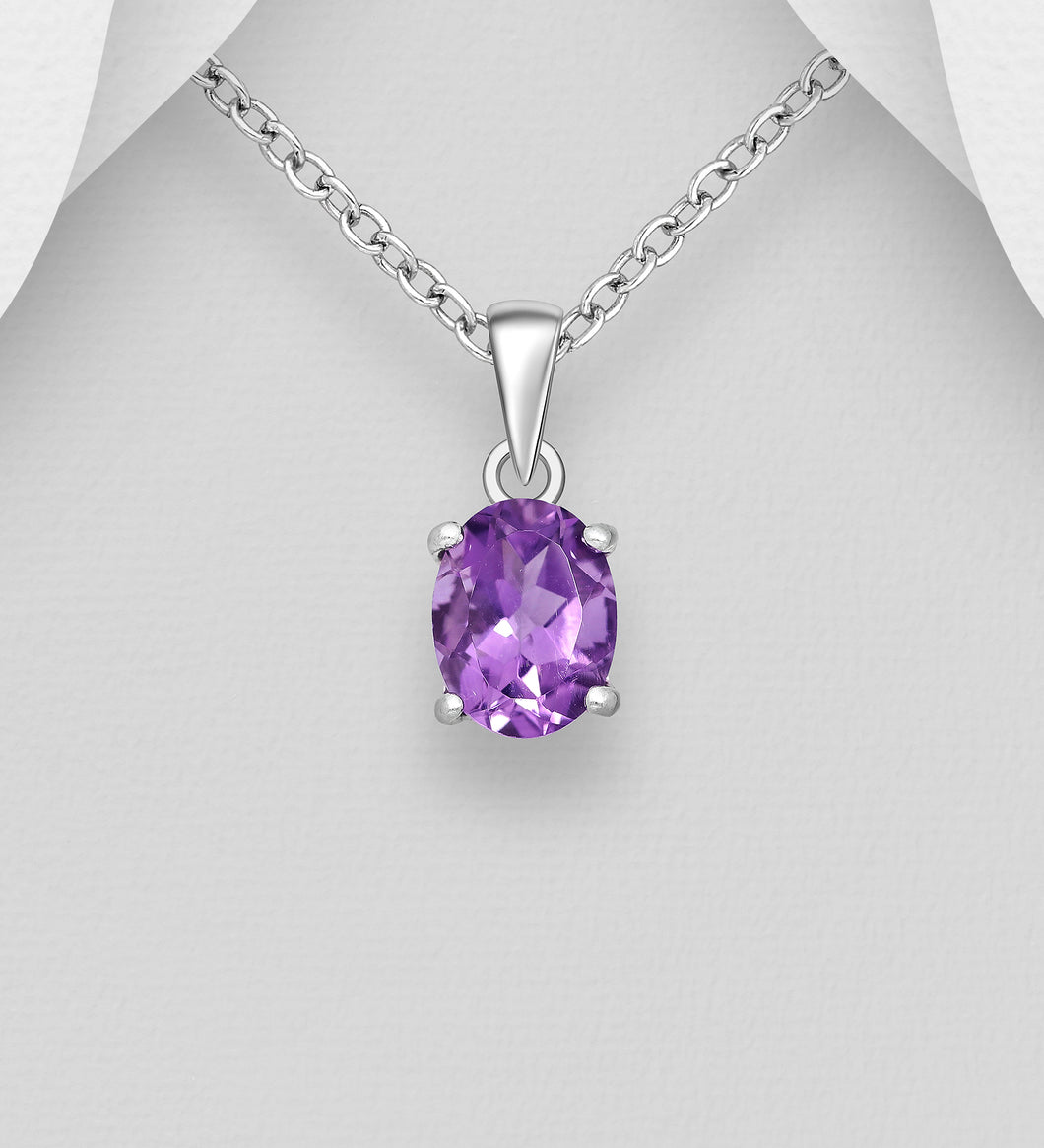 Silver Pendant, Decorated with Natural Amethyst Gemstones