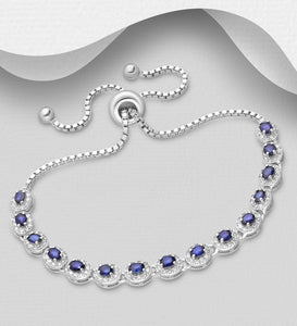 Silver Natural Blue Sapphire & Cz Adjustable Bracelet