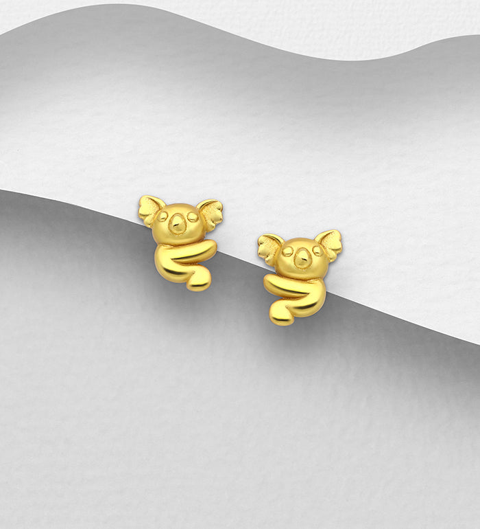 Silver Gold plated Koala Studs Earrings, Plated with 1 Micron Yellow Gold