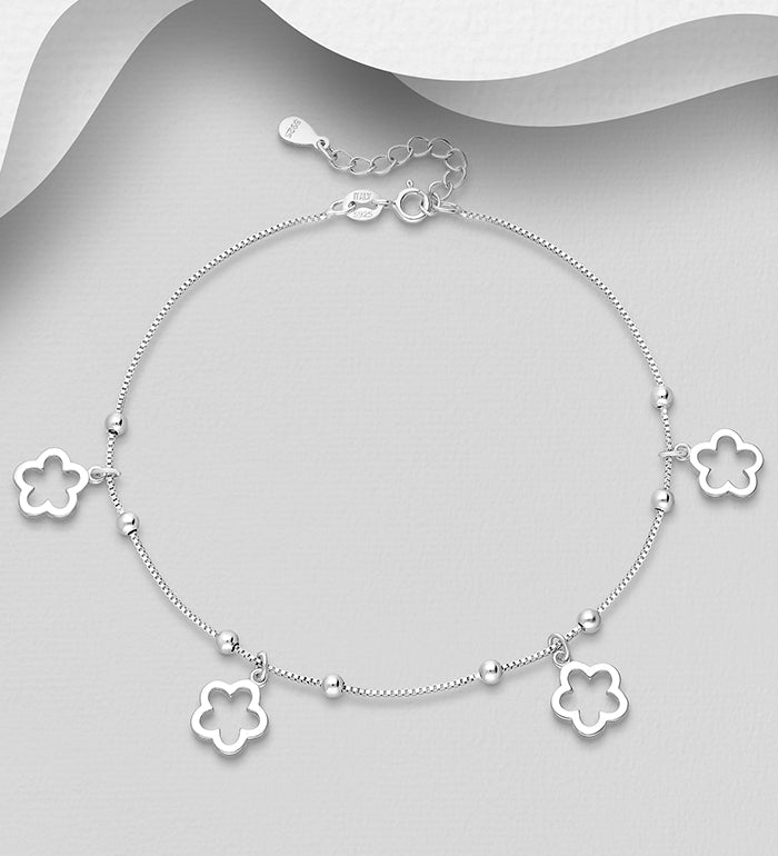 Silver Anklet Featuring Flower Charms