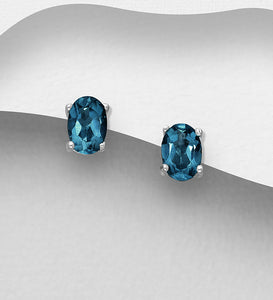 Silver Studs Earrings, Decorated with Natural London Blue Topaz