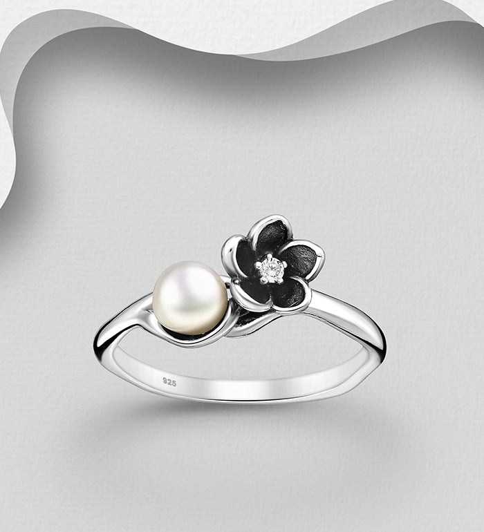 Silver Oxidized Flower Ring, Decorated with Freshwater Pearl and CZ