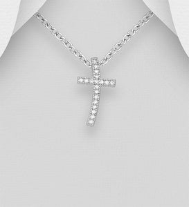 Silver Curved Cross Pendant, Decorated with CZ