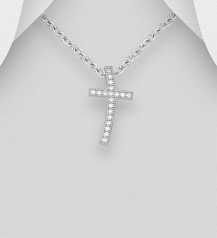Silver Curved Cross Pendant, Decorated with CZ
