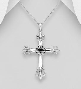 Silver Oxidized Cross and Fleur De Lis Pendant