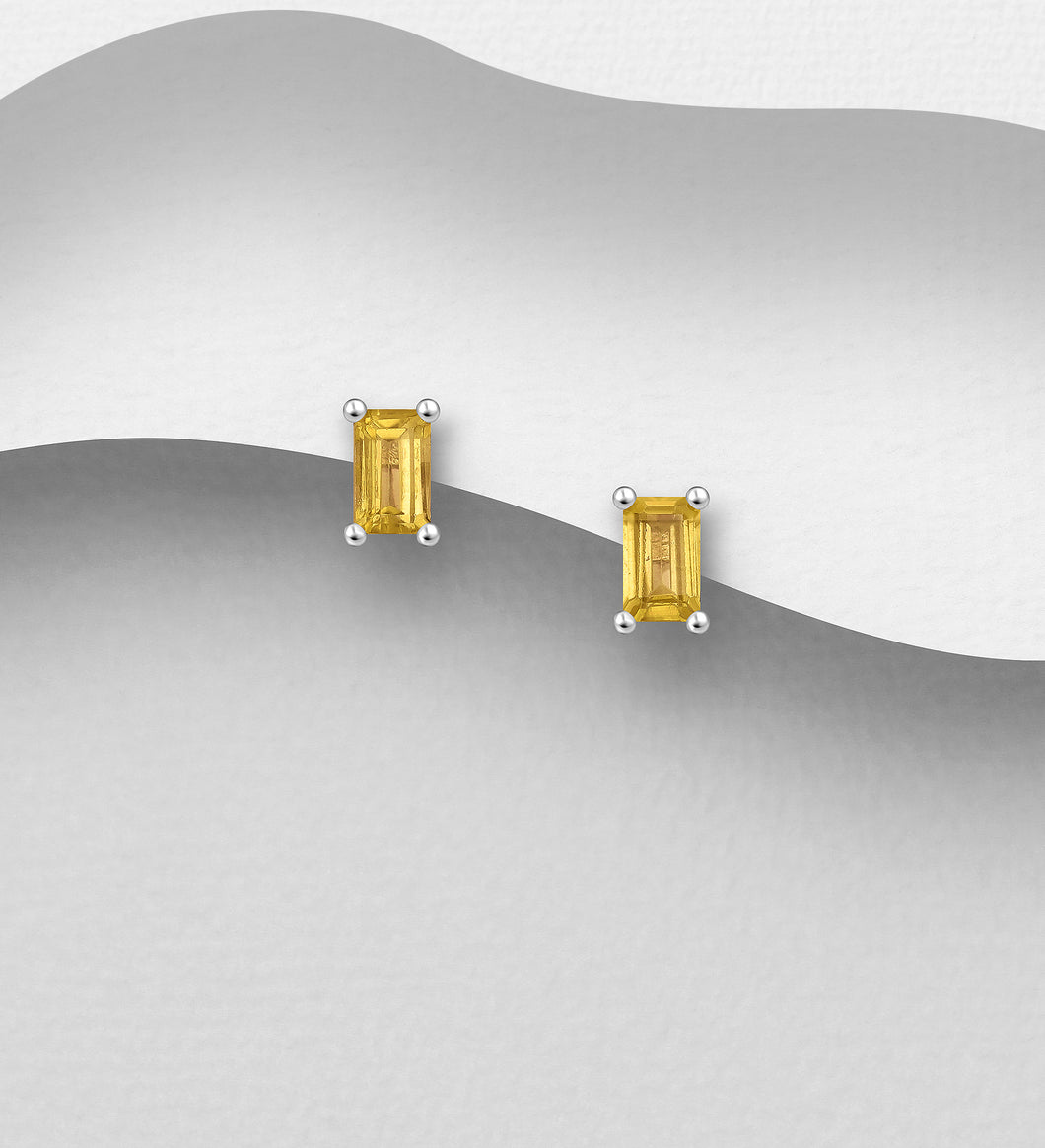 Silver Studs Earrings, Decorated with Natural Citrine