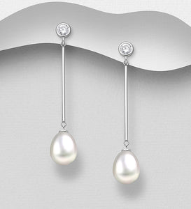 Silver Studs Earrings, Decorated with Freshwater Pearls and CZ