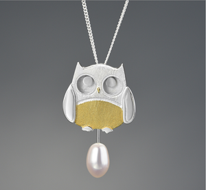 Silver gold plated Owl Pendant with Freshwater Pearl