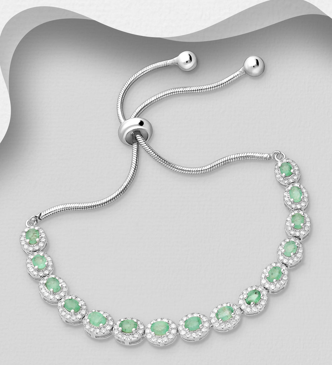 Silver Natural Emerald & CZ adjustable Bracelet