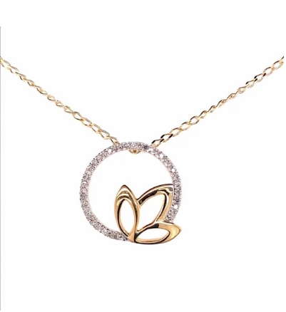 9ct Yellow Gold leaf and circle diamond pendant