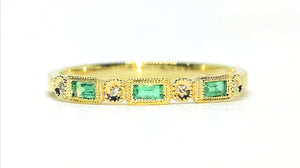 9ct Yellow Gold, Emerald and Diamond Milgrain Ring