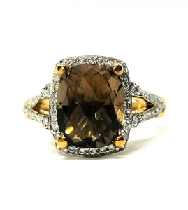 9ct Yellow Gold Rhodium Plated Ring with Diamonds and Smoky Quartz.